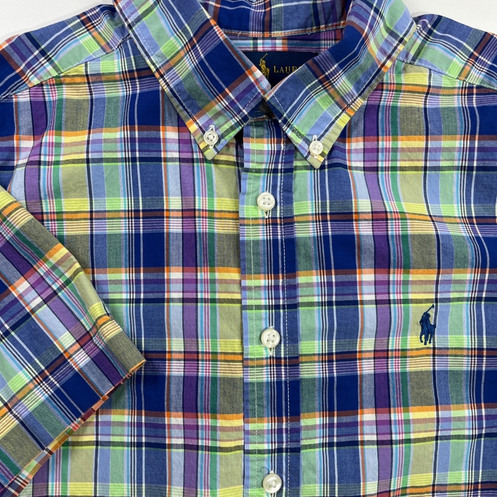 Ralph Lauren Plaid Button Down Shirt Boys L 14-16 Multicolor Short Sleeve Madras